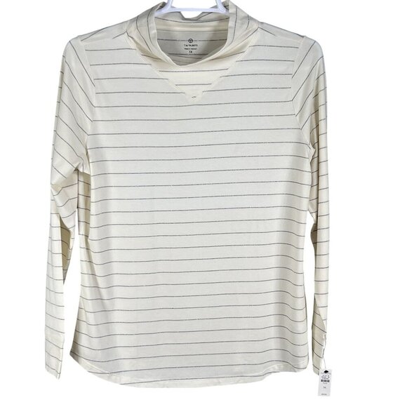 T by Talbots NWT Womens 1X Long Sleeve Metallic Striped Cowl Neck Top Nautical - Picture 3 of 16